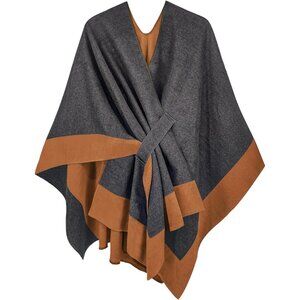 Women Shawl Wrap Poncho Ruana Cape Open Front Cardigan Fall Winter Grey Camel